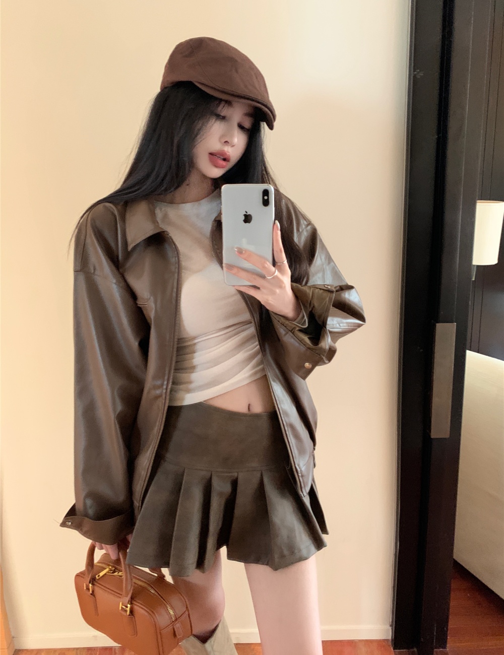 Short pleated leather skirt high waist coat 2pcs set