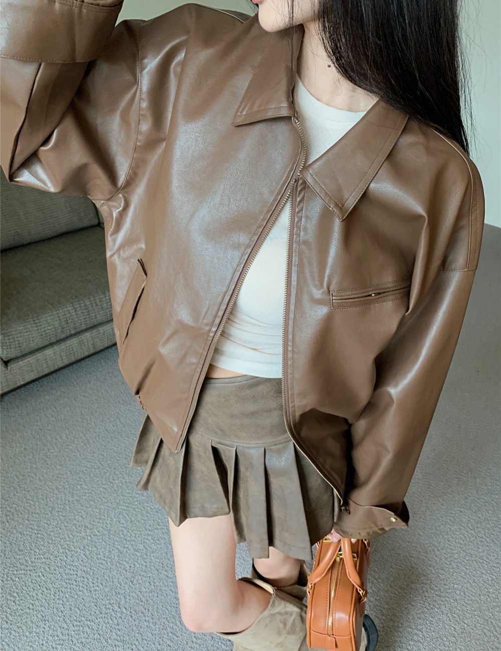 Short pleated leather skirt high waist coat 2pcs set