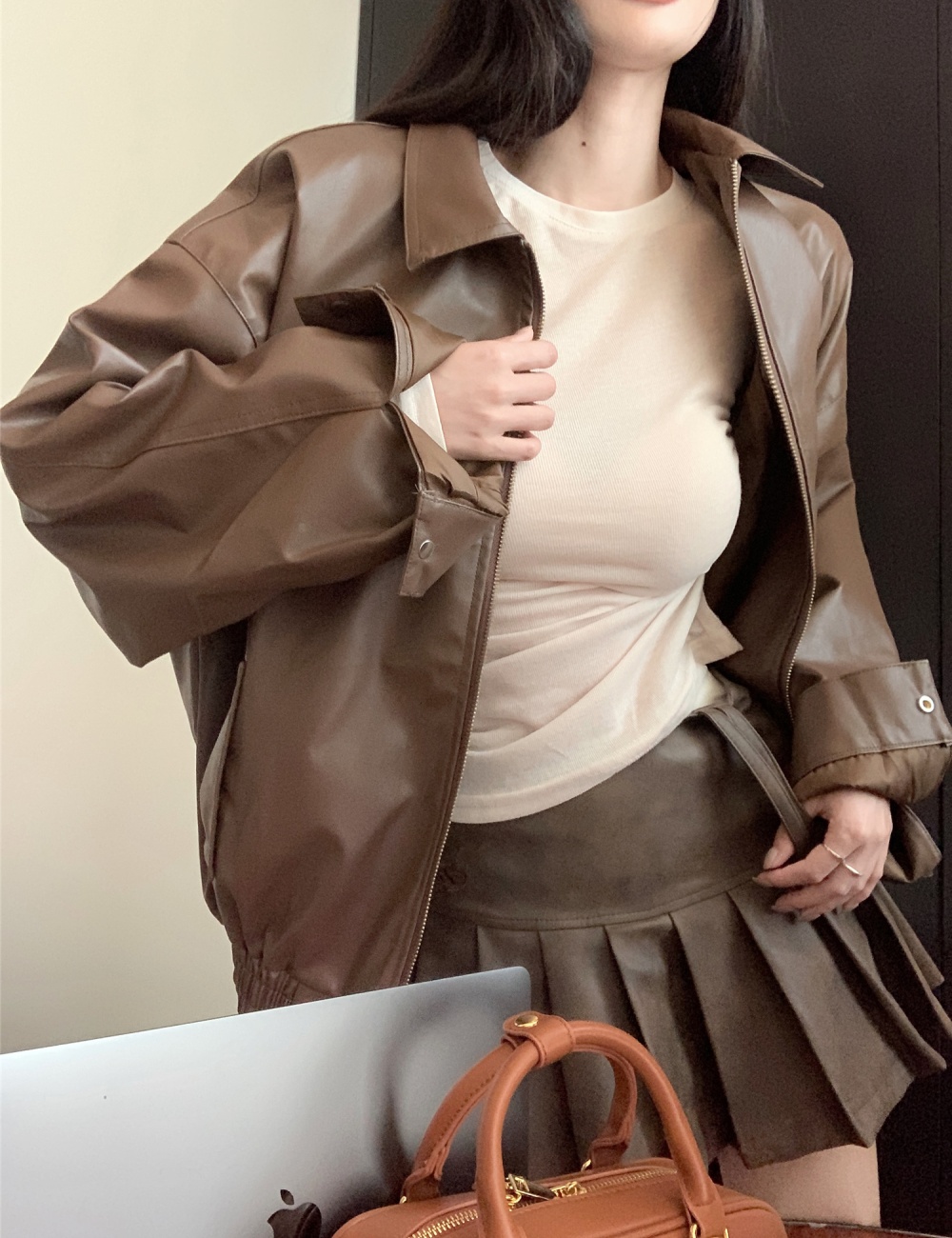 Short pleated leather skirt high waist coat 2pcs set