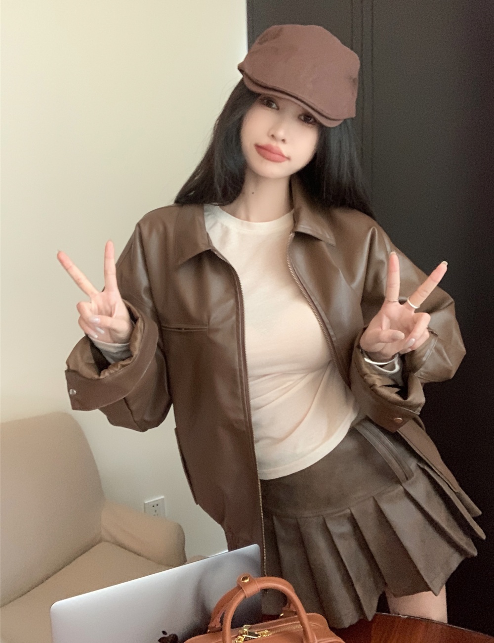Short pleated leather skirt high waist coat 2pcs set