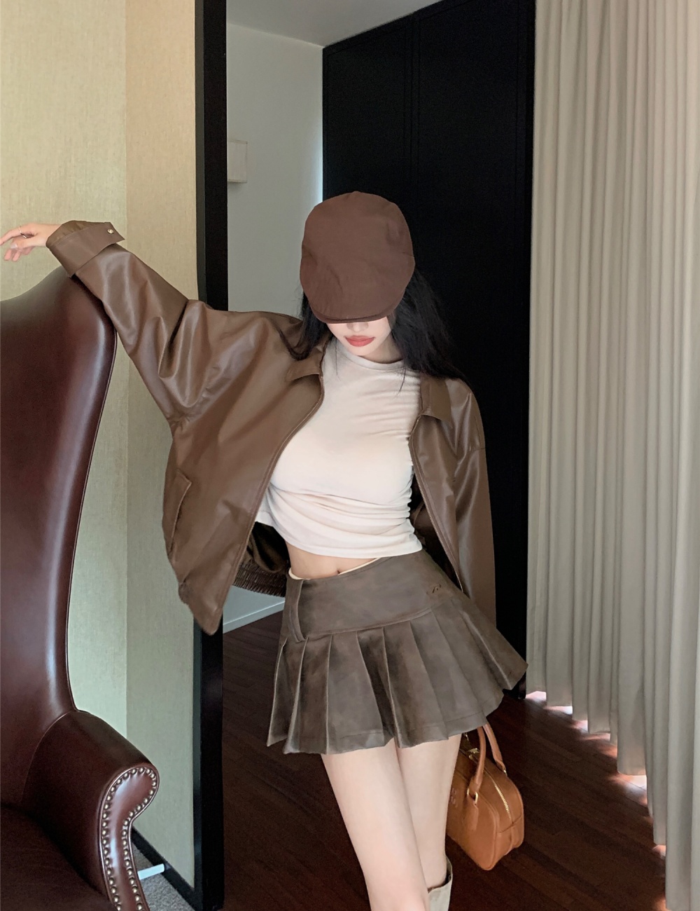 Short pleated leather skirt high waist coat 2pcs set