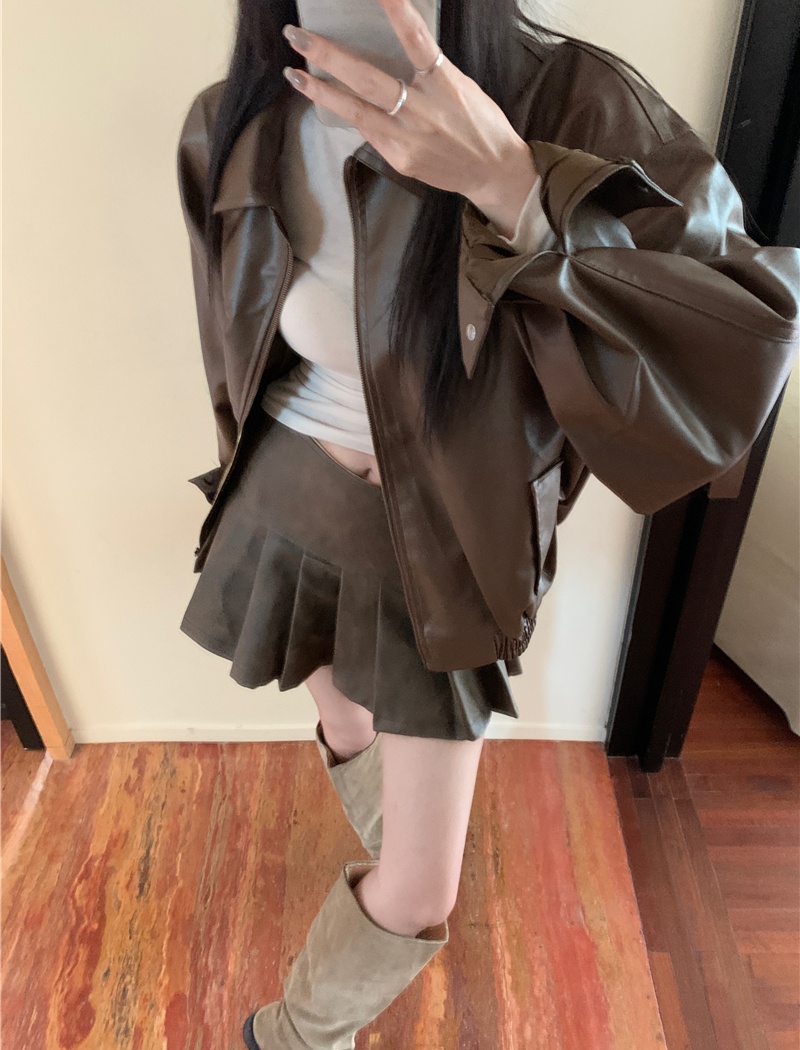 Short pleated leather skirt high waist coat 2pcs set