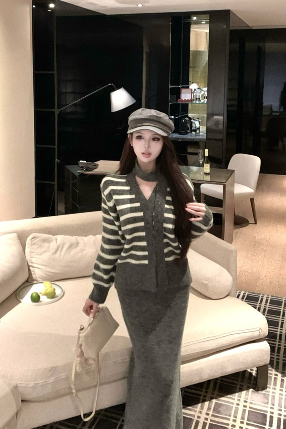 With streamer skirt sweater 2pcs set for women