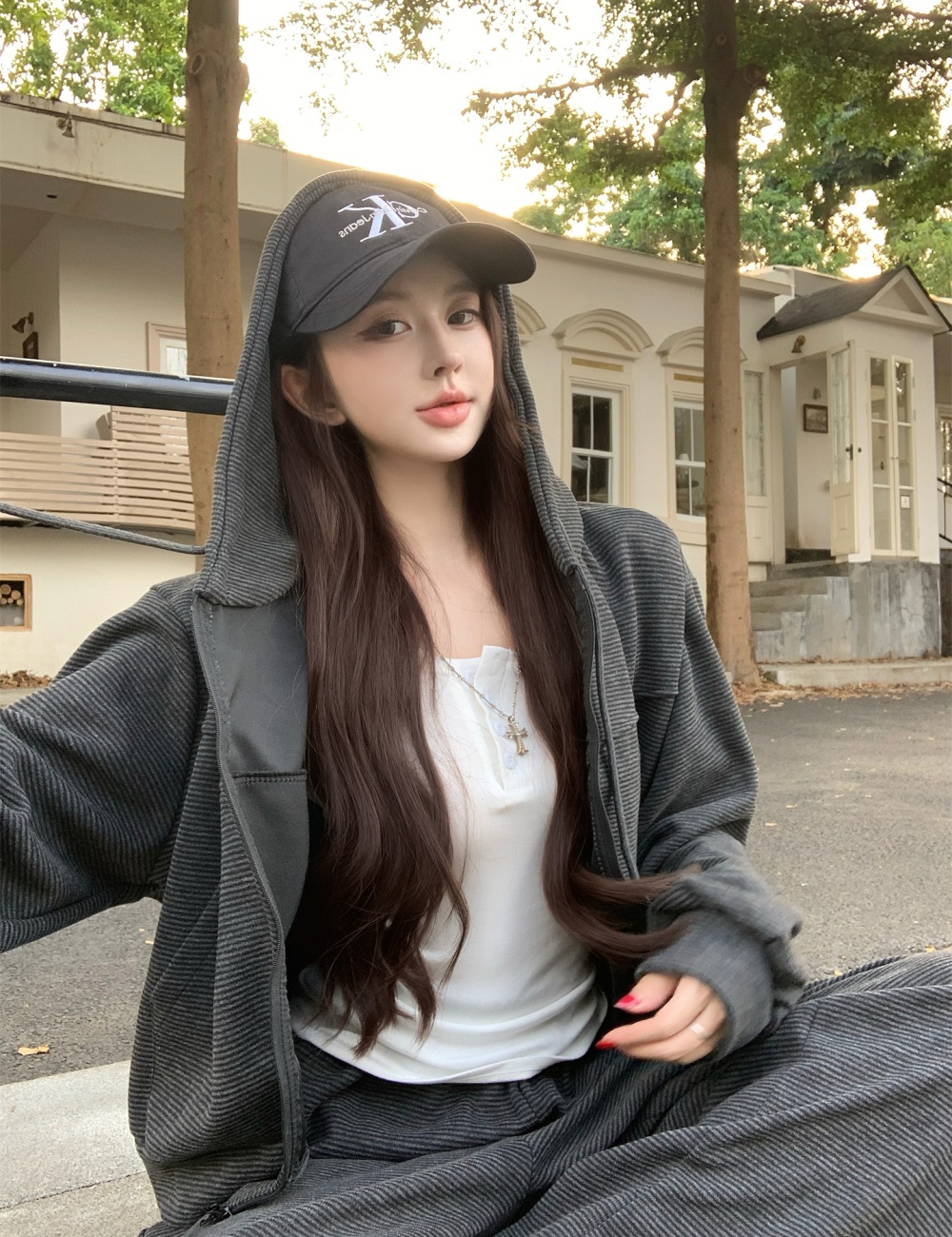 Straight hooded hoodie stripe lazy casual pants 2pcs set