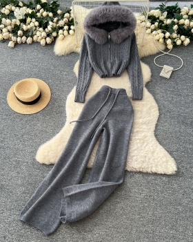 Hooded knitted sweater autumn and winter pants a set for women