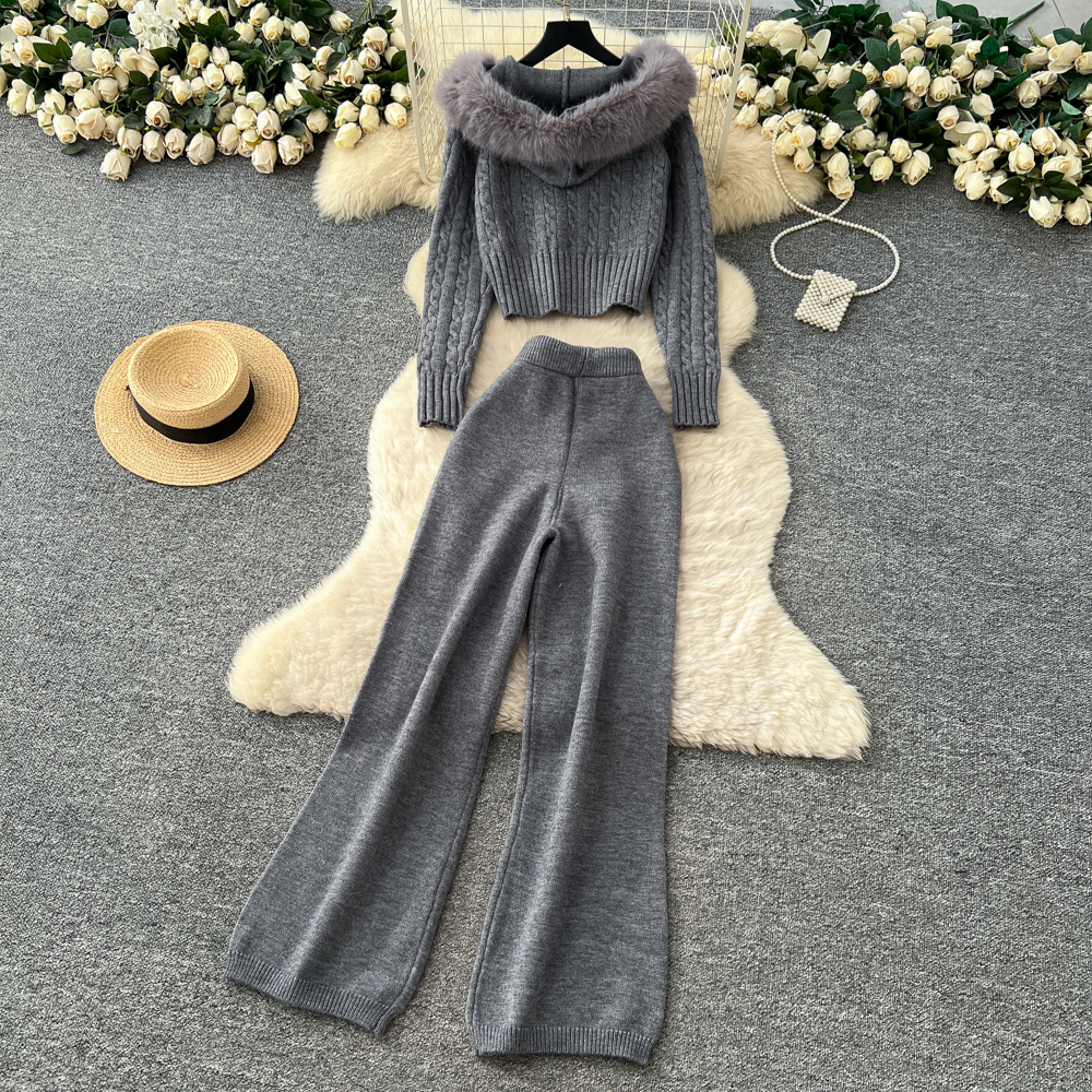 Hooded knitted sweater autumn and winter pants a set for women