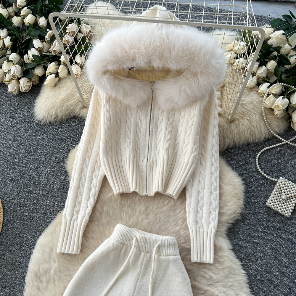 Hooded knitted sweater autumn and winter pants a set for women