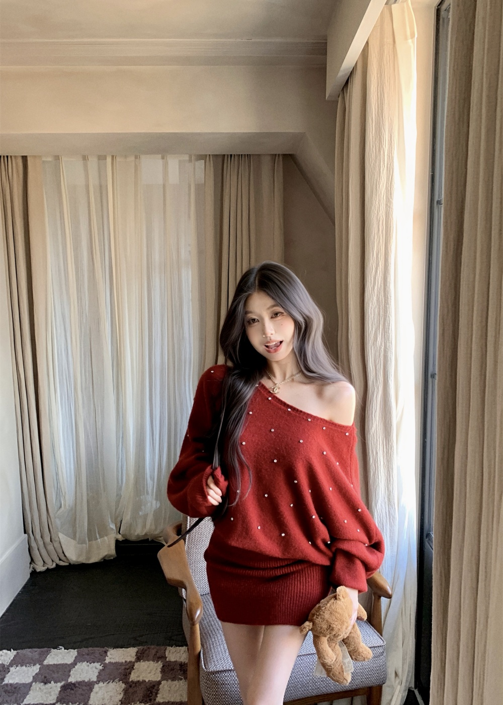 Pullover knitted rhinestone diamond autumn and winter dress