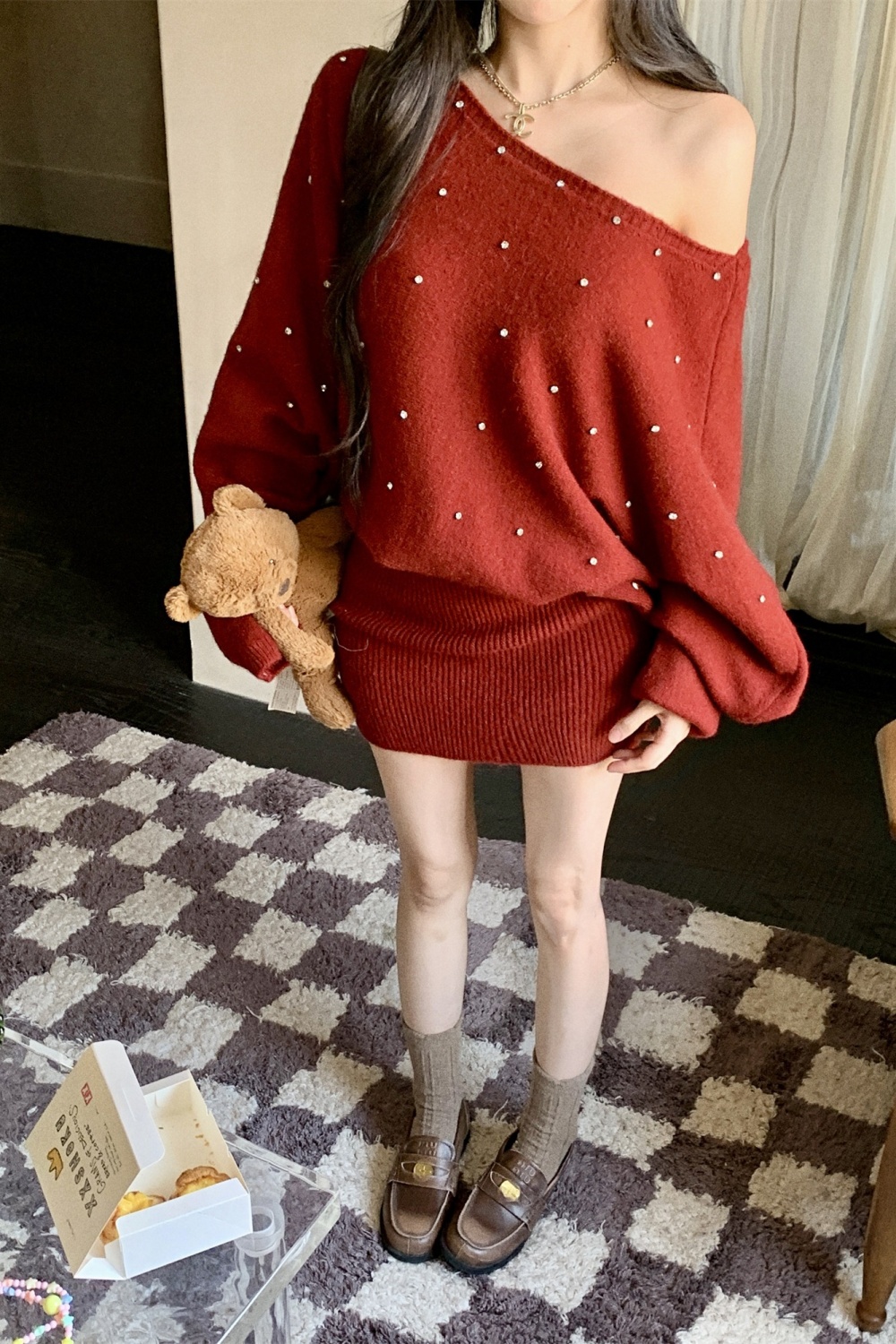 Pullover knitted rhinestone diamond autumn and winter dress