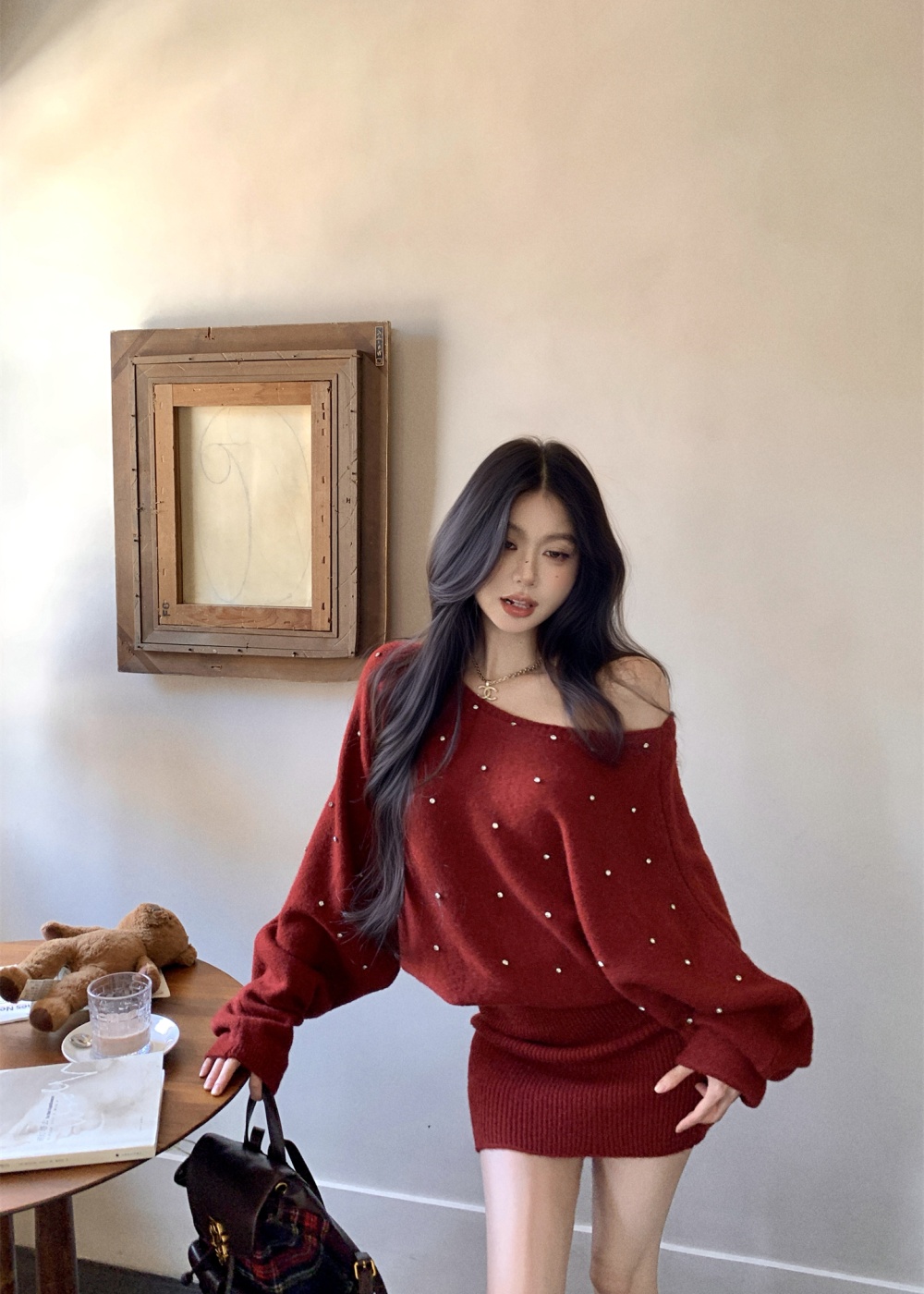 Pullover knitted rhinestone diamond autumn and winter dress