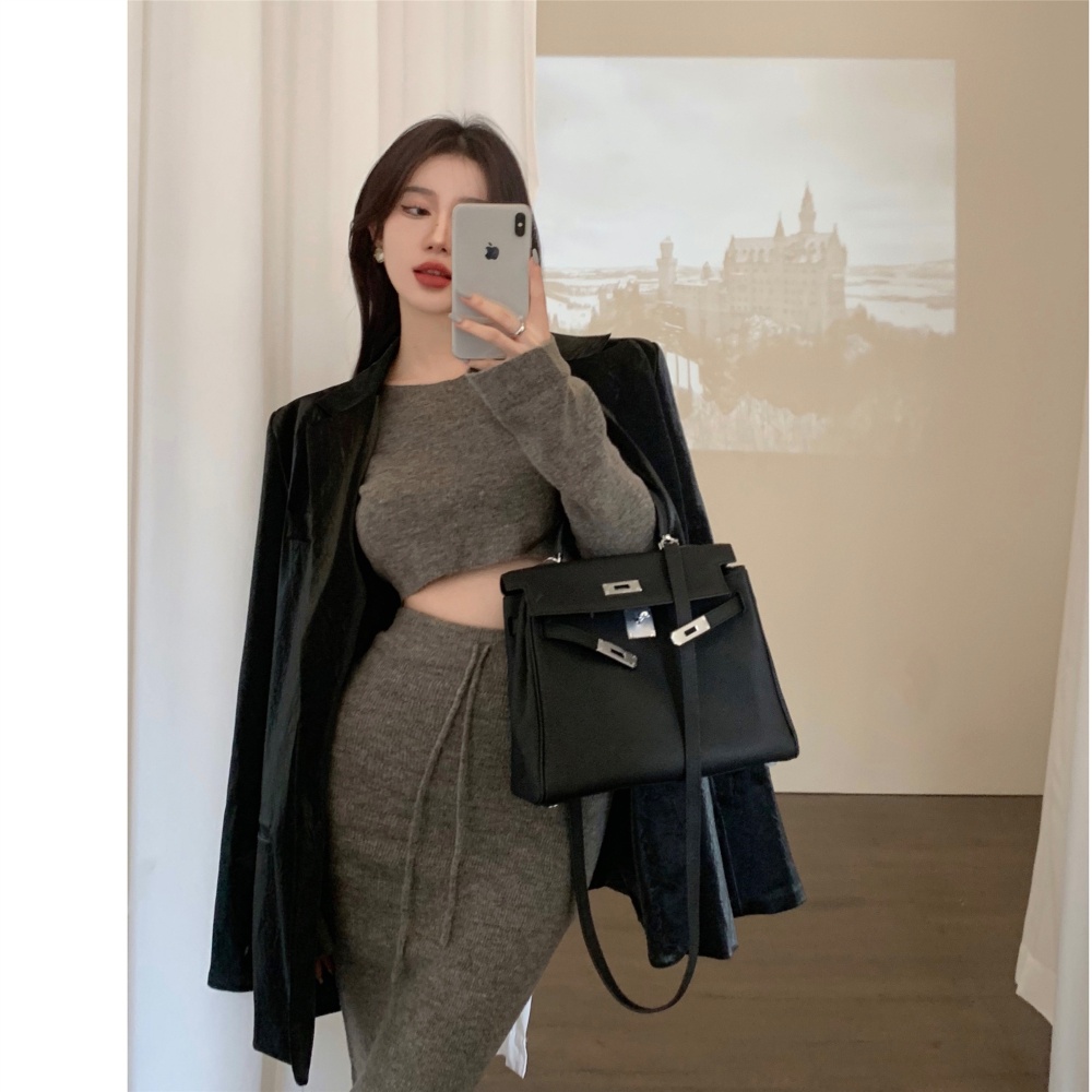 Knitted short skirt high waist tops 2pcs set
