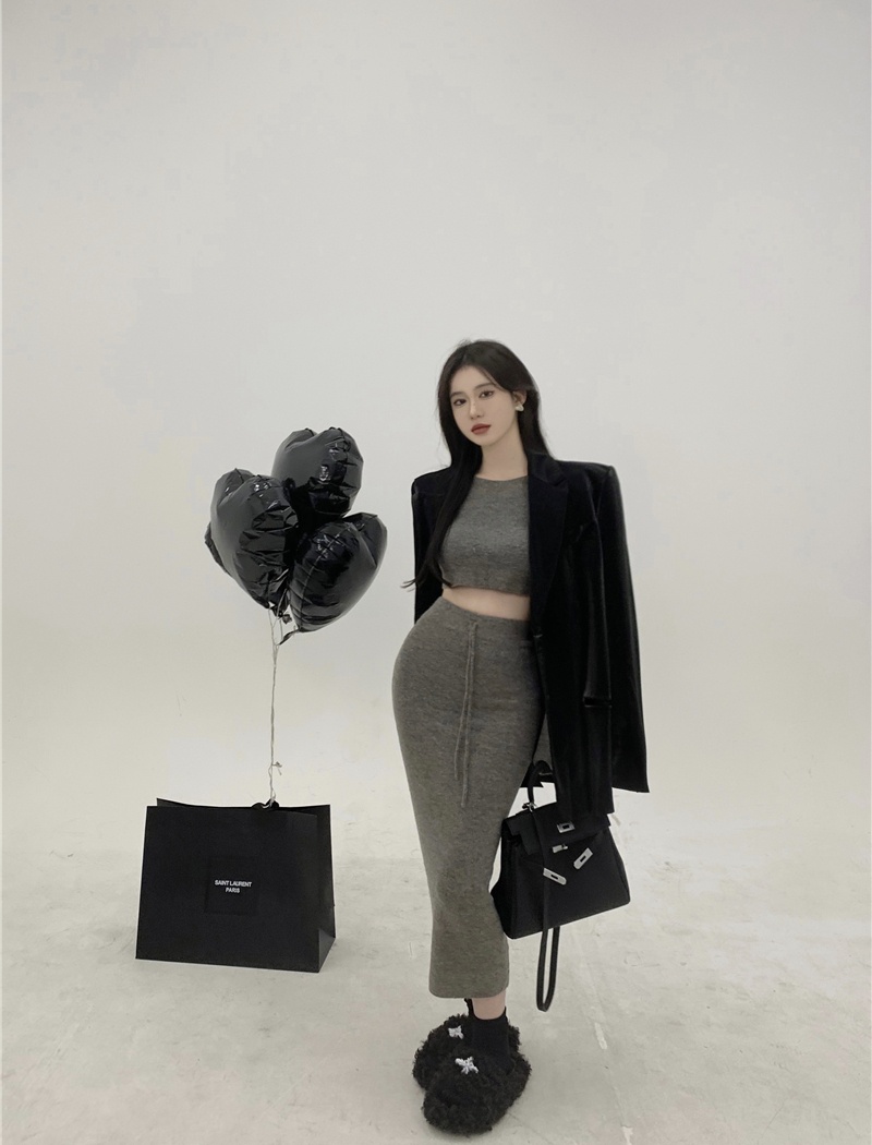 Knitted short skirt high waist tops 2pcs set