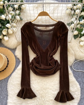 Pinched waist long sleeve lace shirt splice velvet tops for women