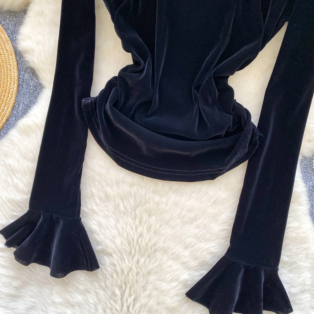 Pinched waist long sleeve lace shirt splice velvet tops for women