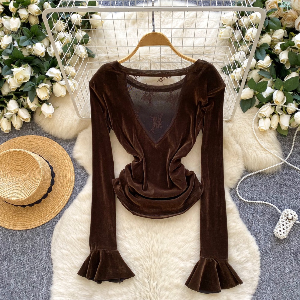 Pinched waist long sleeve lace shirt splice velvet tops for women