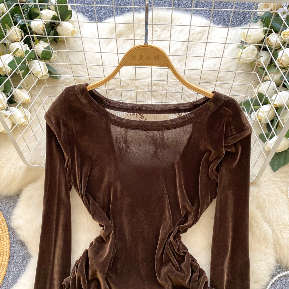Pinched waist long sleeve lace shirt splice velvet tops for women