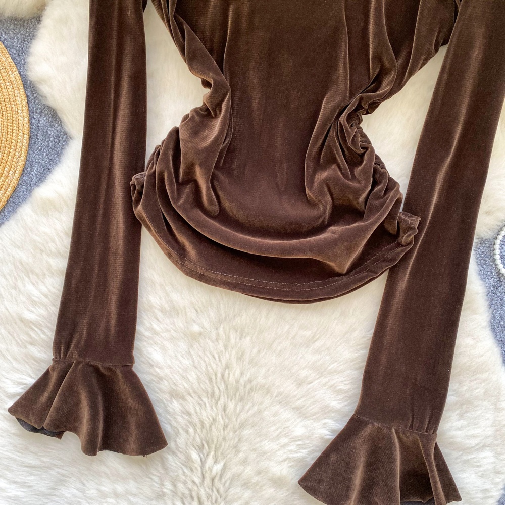Pinched waist long sleeve lace shirt splice velvet tops for women