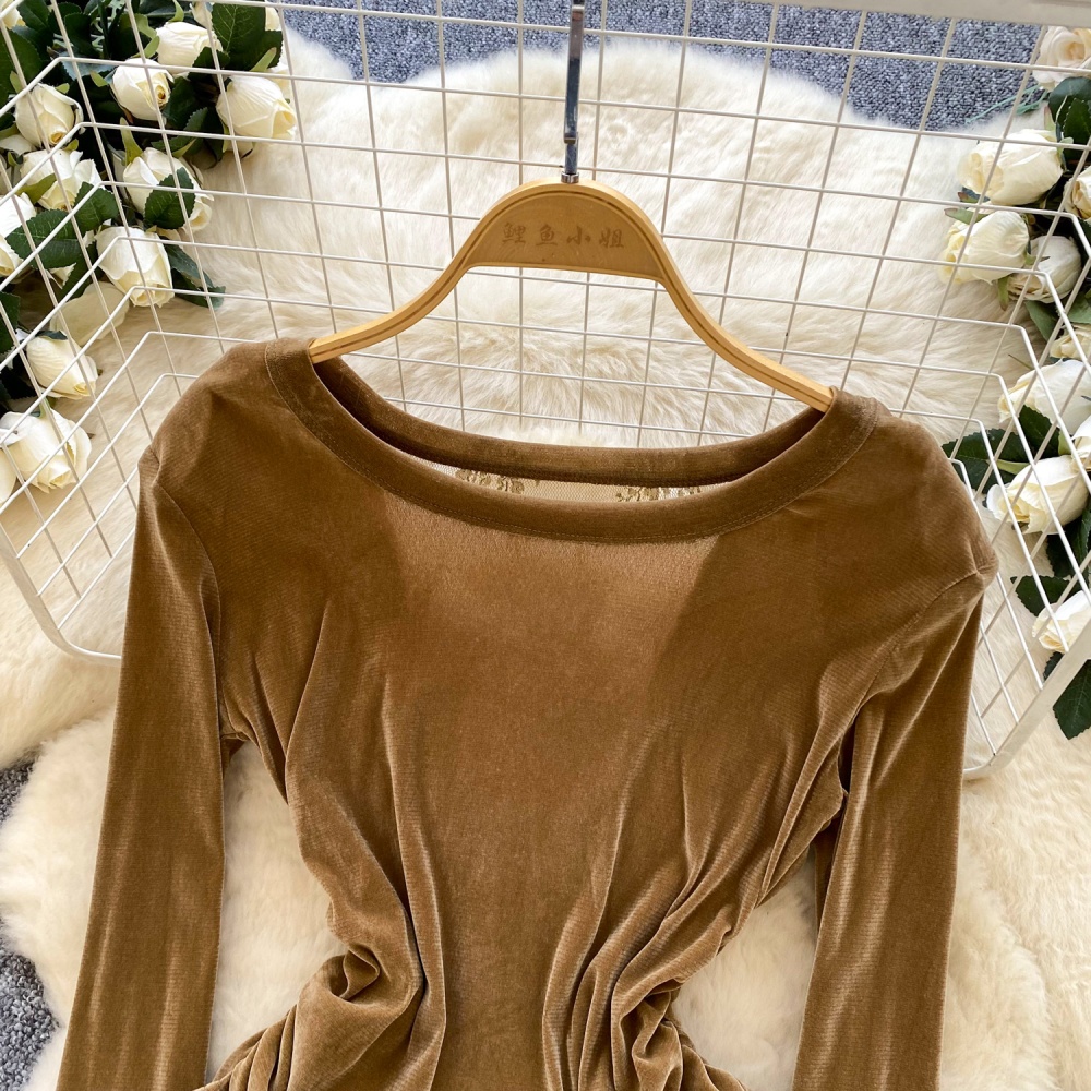 Pinched waist long sleeve lace shirt splice velvet tops for women