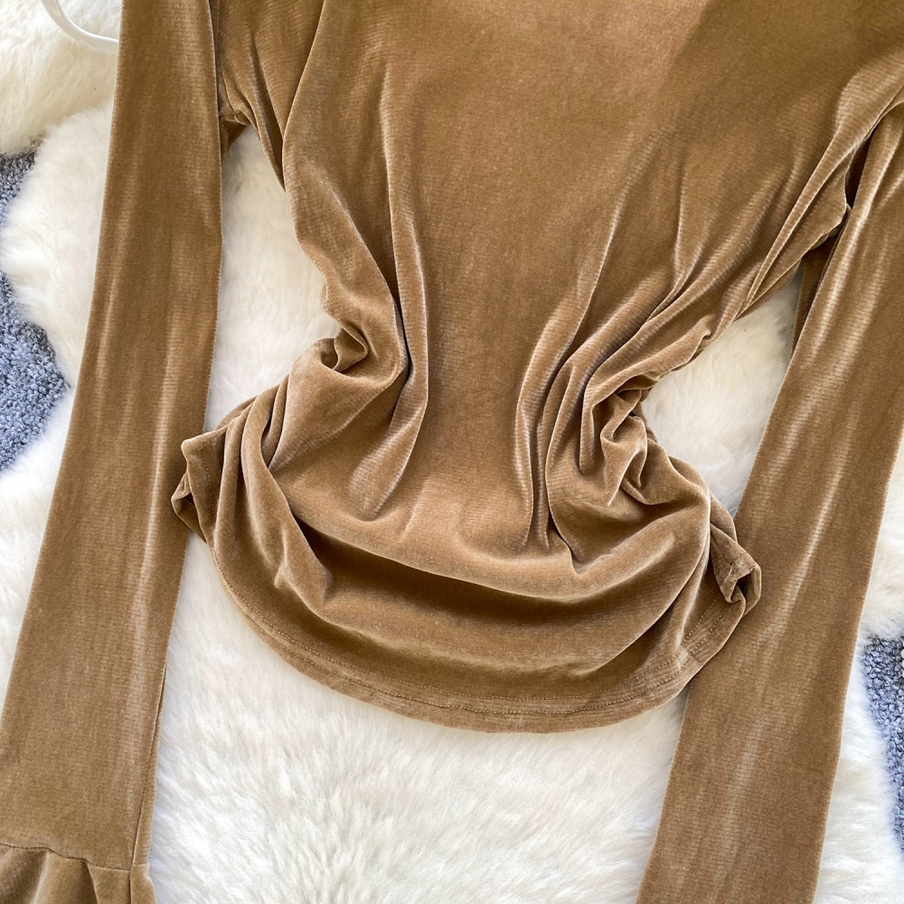Pinched waist long sleeve lace shirt splice velvet tops for women