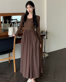 Pocket pinched waist fold long sleeve loose drape dress