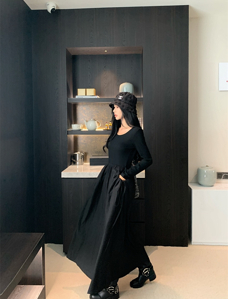 Pocket pinched waist fold long sleeve loose drape dress