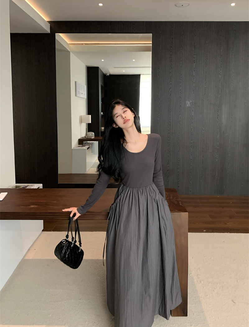 Pocket pinched waist fold long sleeve loose drape dress
