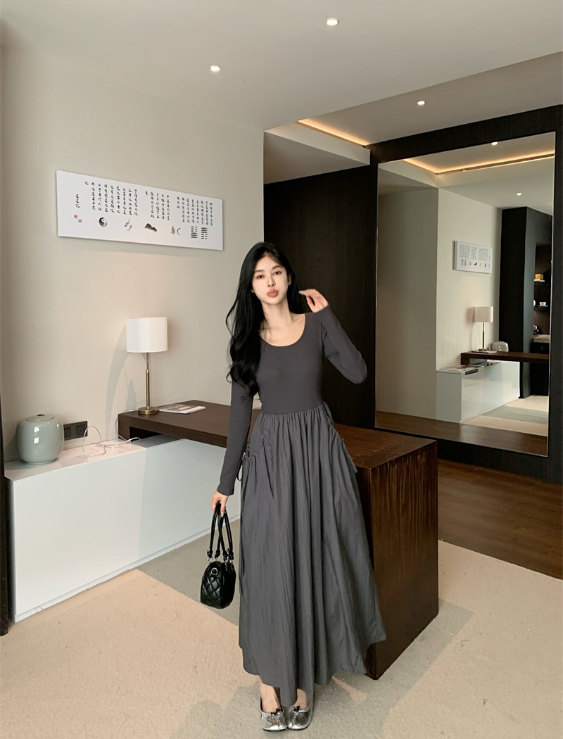 Pocket pinched waist fold long sleeve loose drape dress
