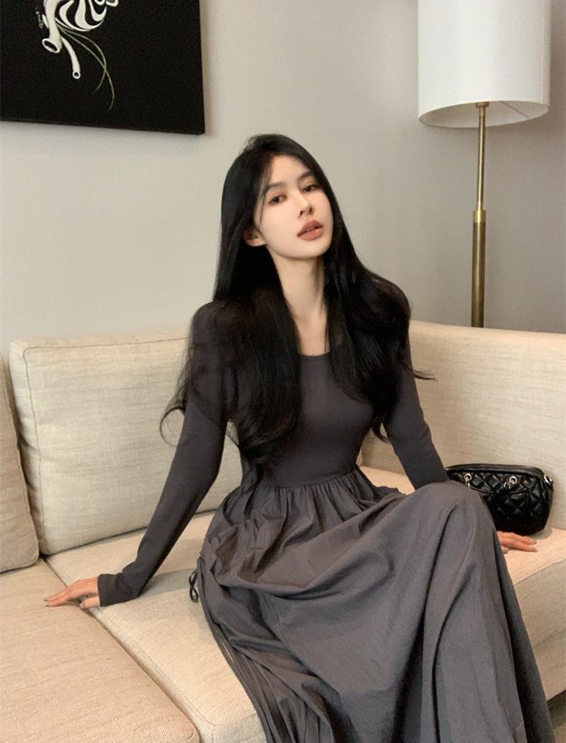 Pocket pinched waist fold long sleeve loose drape dress