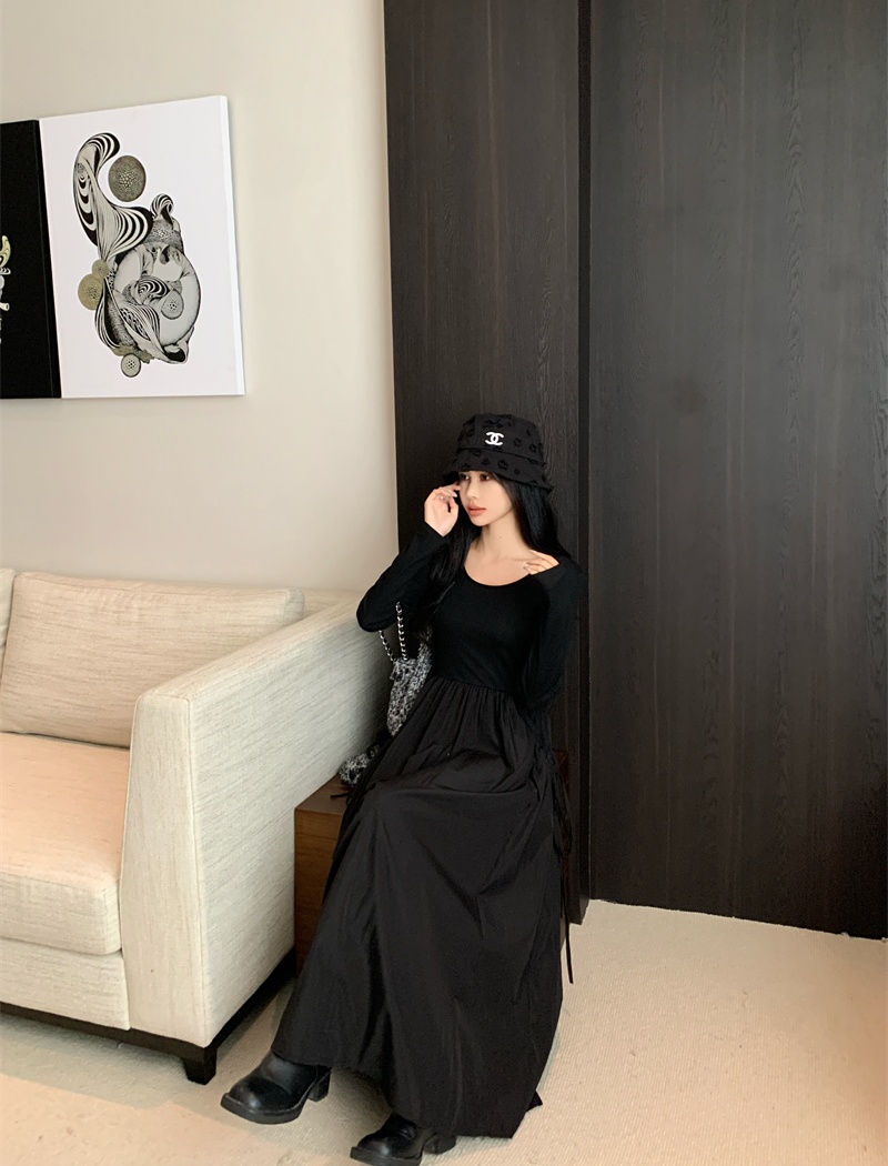 Pocket pinched waist fold long sleeve loose drape dress