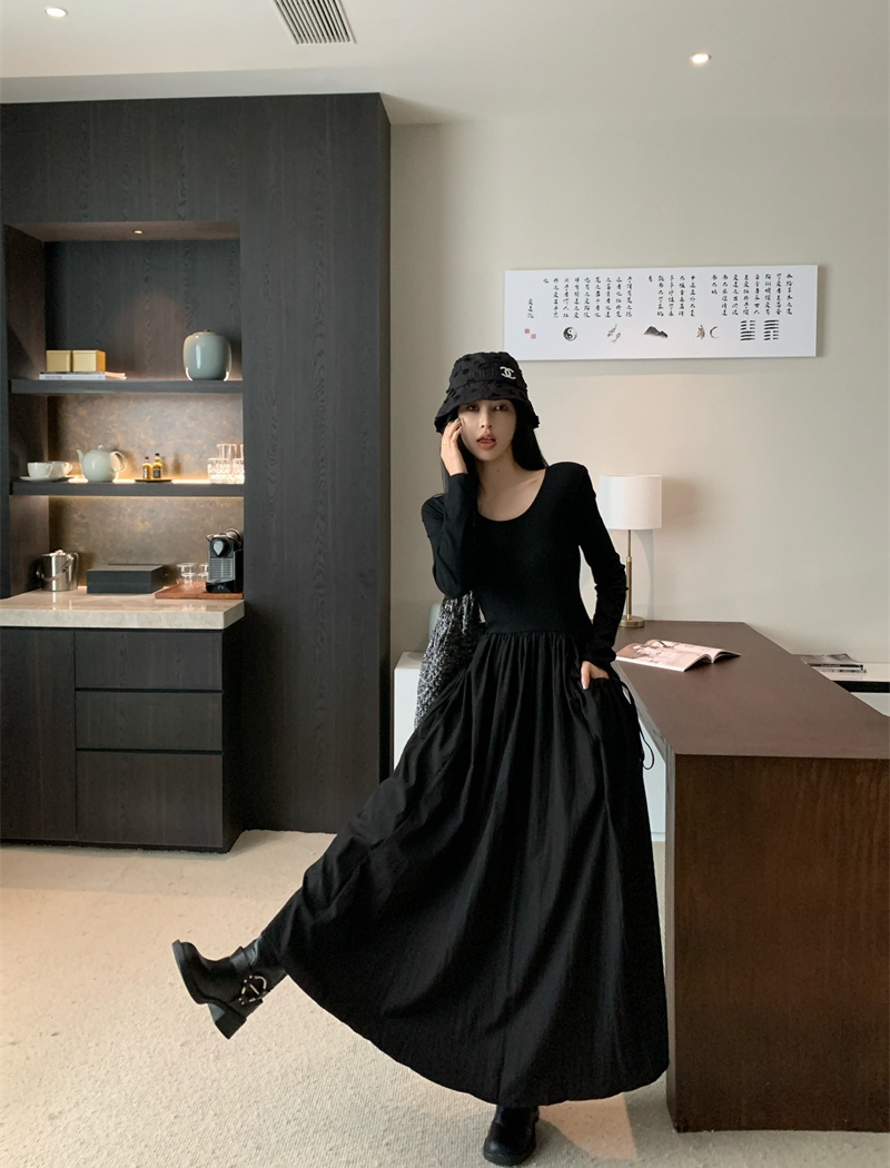 Pocket pinched waist fold long sleeve loose drape dress