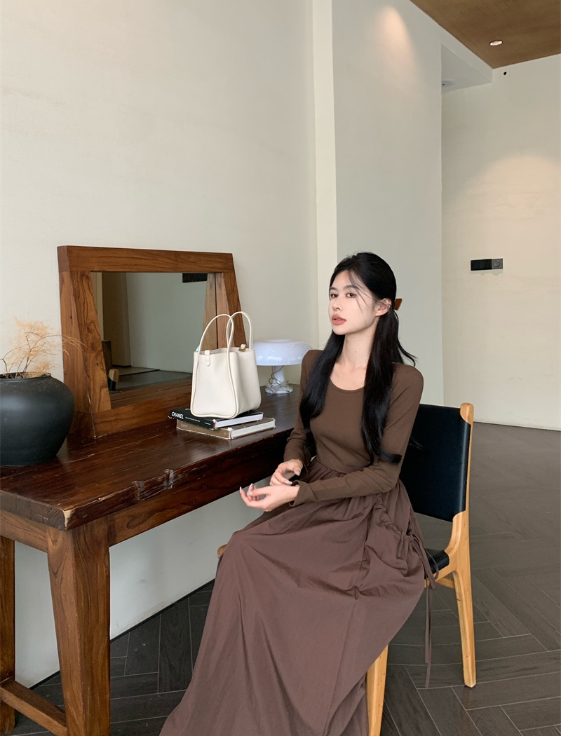 Pocket pinched waist fold long sleeve loose drape dress