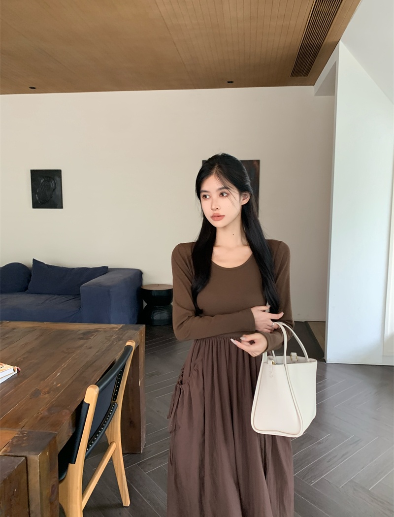 Pocket pinched waist fold long sleeve loose drape dress
