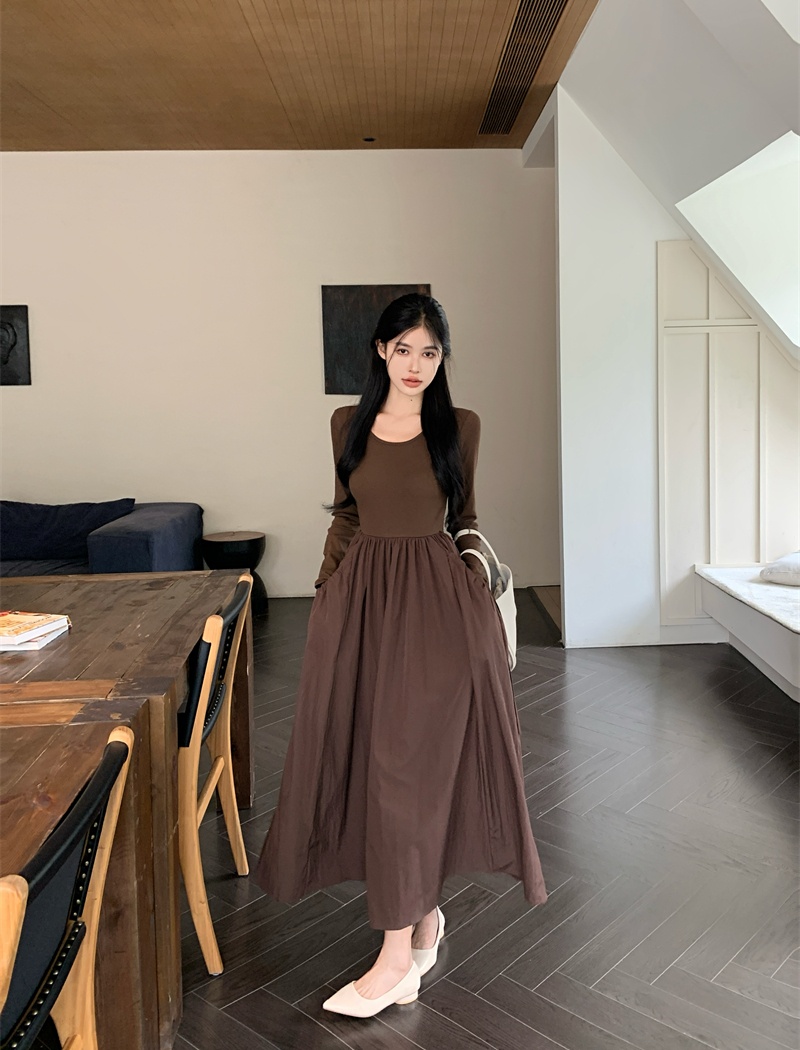 Pocket pinched waist fold long sleeve loose drape dress