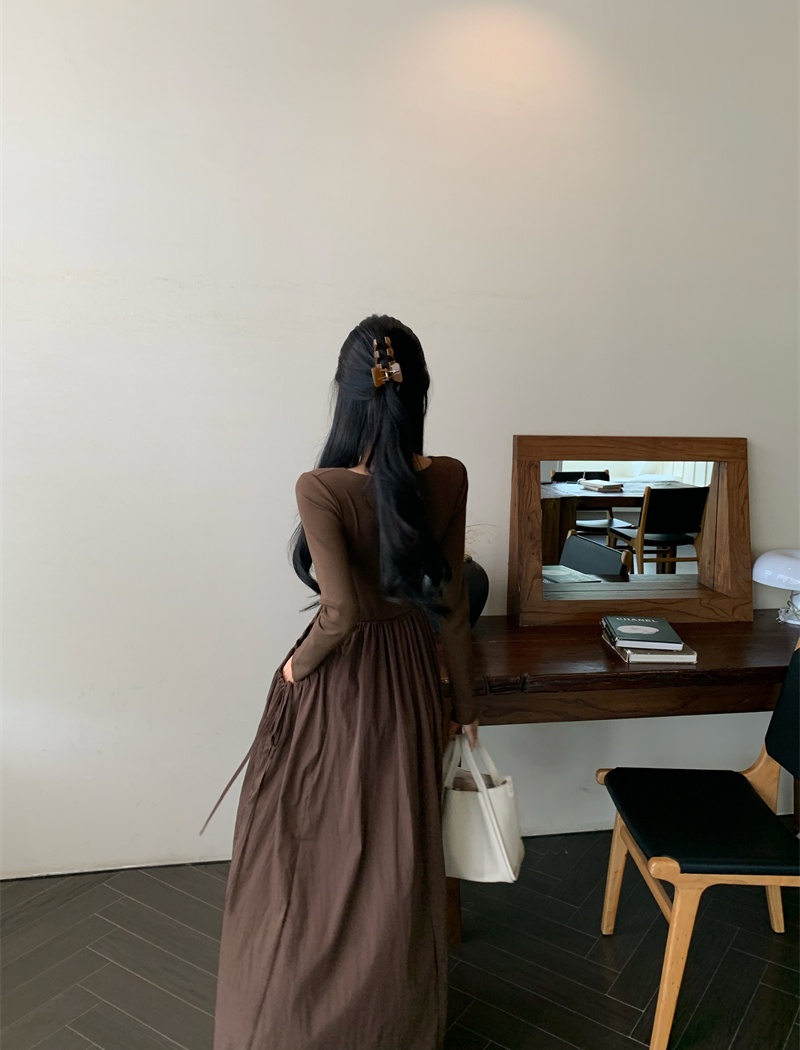 Pocket pinched waist fold long sleeve loose drape dress