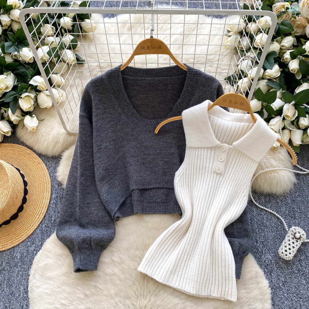Sleeveless knitted vest bottoming sweater 2pcs set