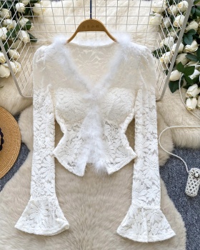 Long sleeve split elmo tops V-neck lace shirt for women