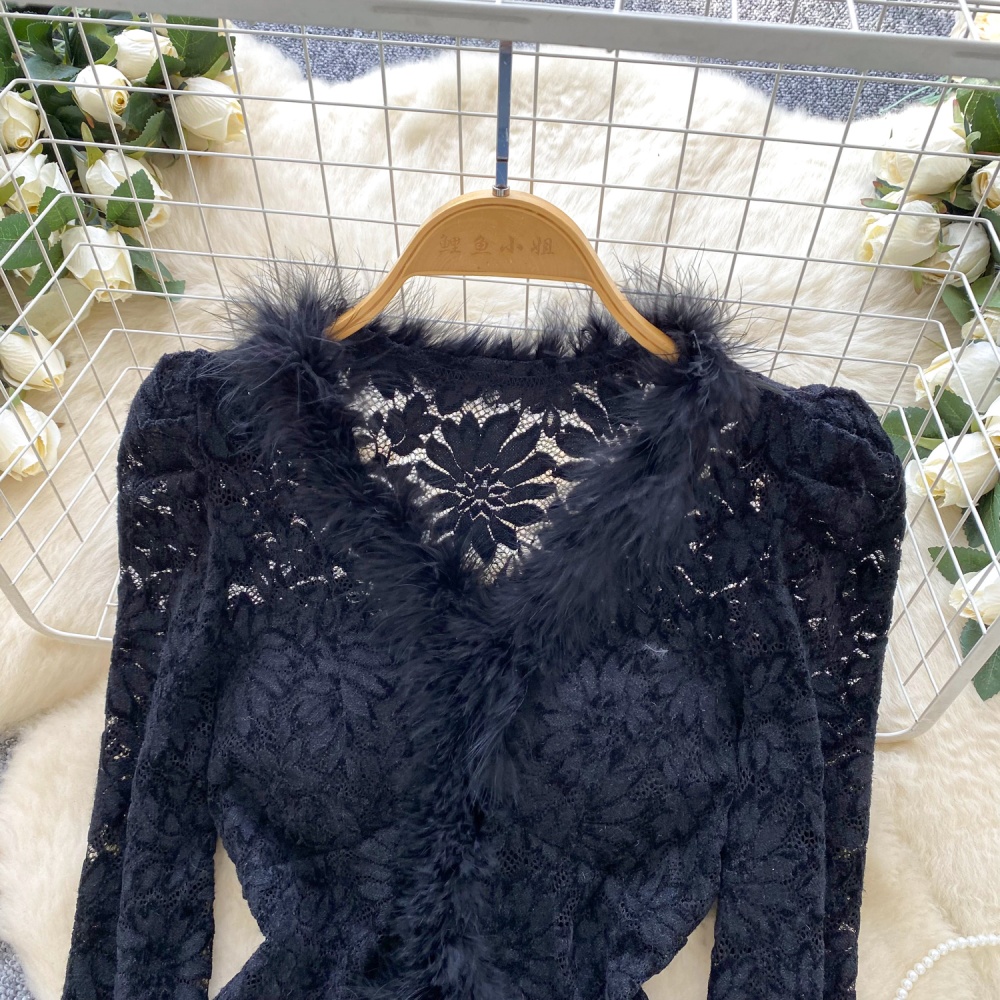 Long sleeve split elmo tops V-neck lace shirt for women