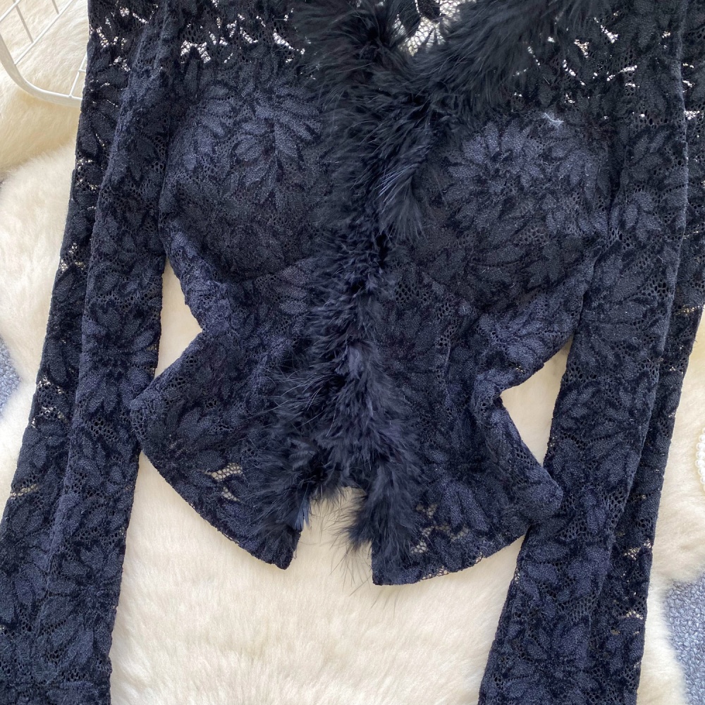 Long sleeve split elmo tops V-neck lace shirt for women