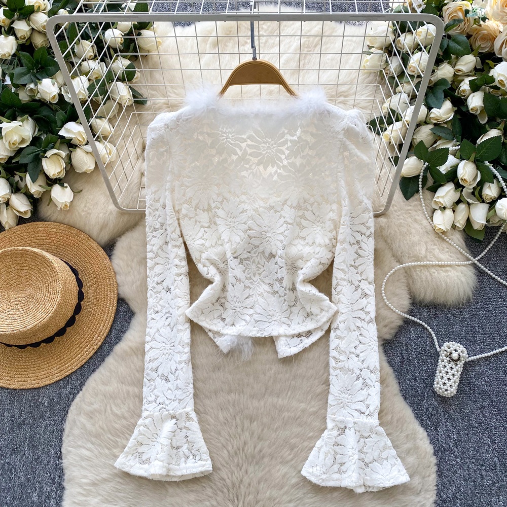 Long sleeve split elmo tops V-neck lace shirt for women