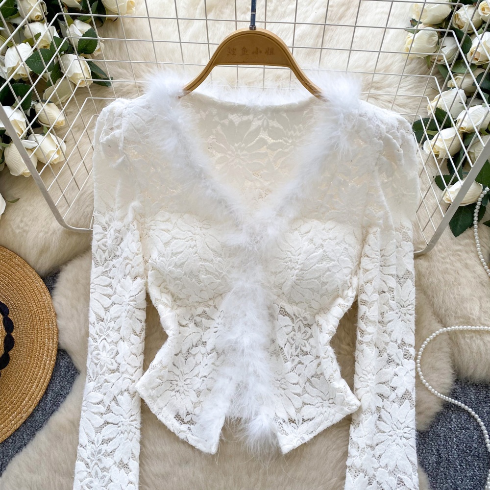 Long sleeve split elmo tops V-neck lace shirt for women
