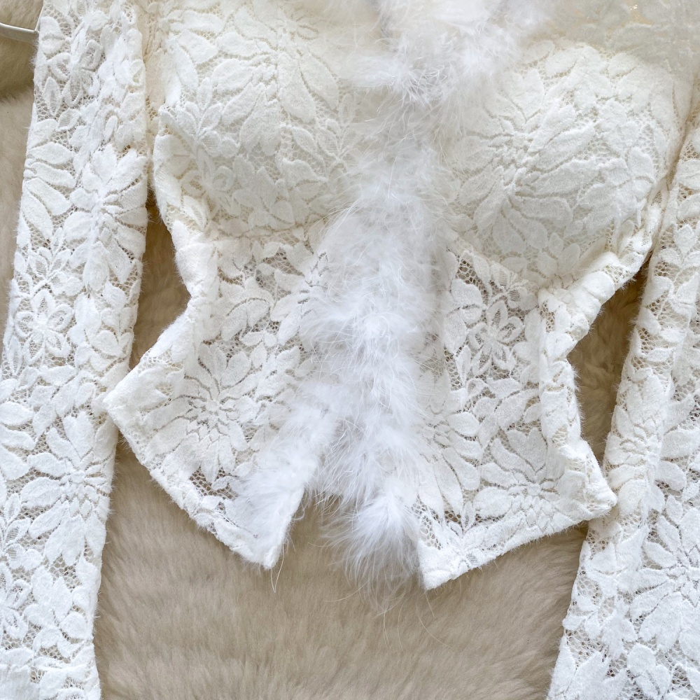 Long sleeve split elmo tops V-neck lace shirt for women