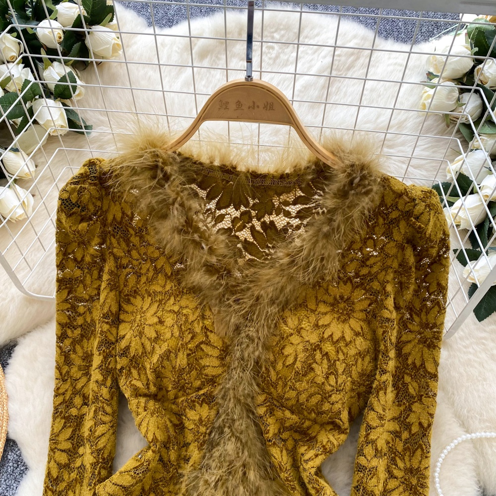 Long sleeve split elmo tops V-neck lace shirt for women