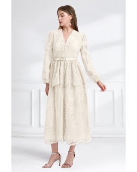Cake lace V-neck long autumn double pinched waist dress