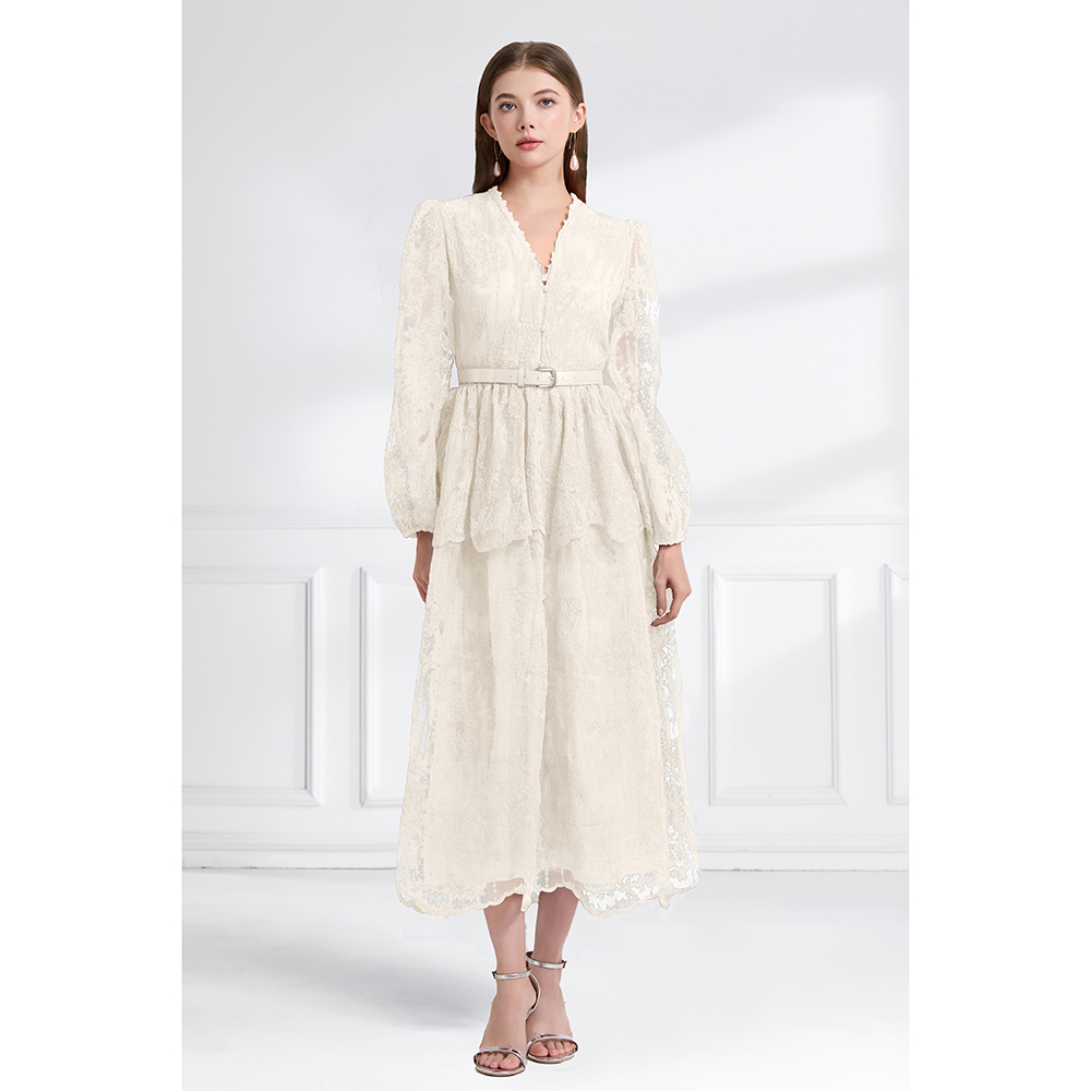 Cake lace V-neck long autumn double pinched waist dress
