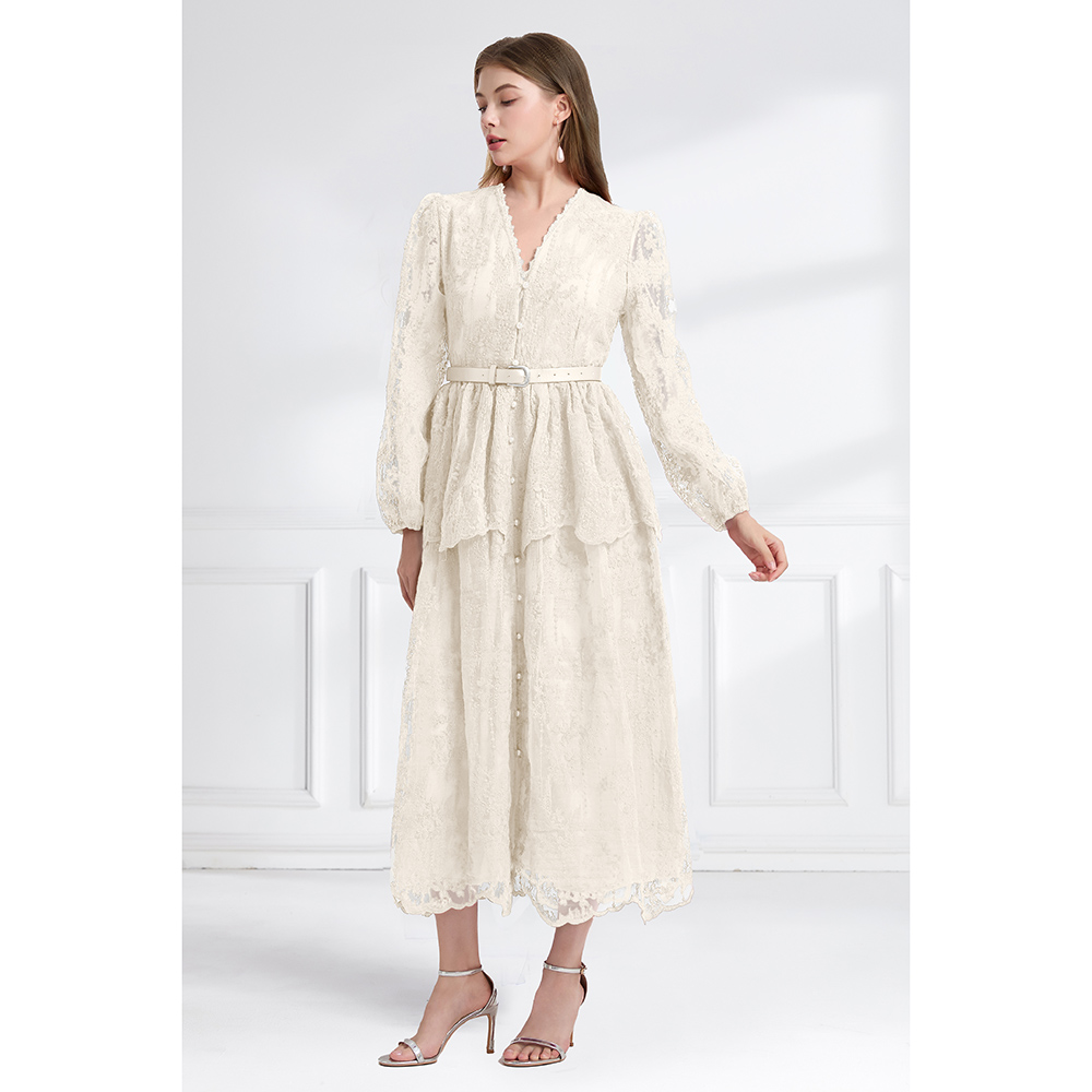 Cake lace V-neck long autumn double pinched waist dress