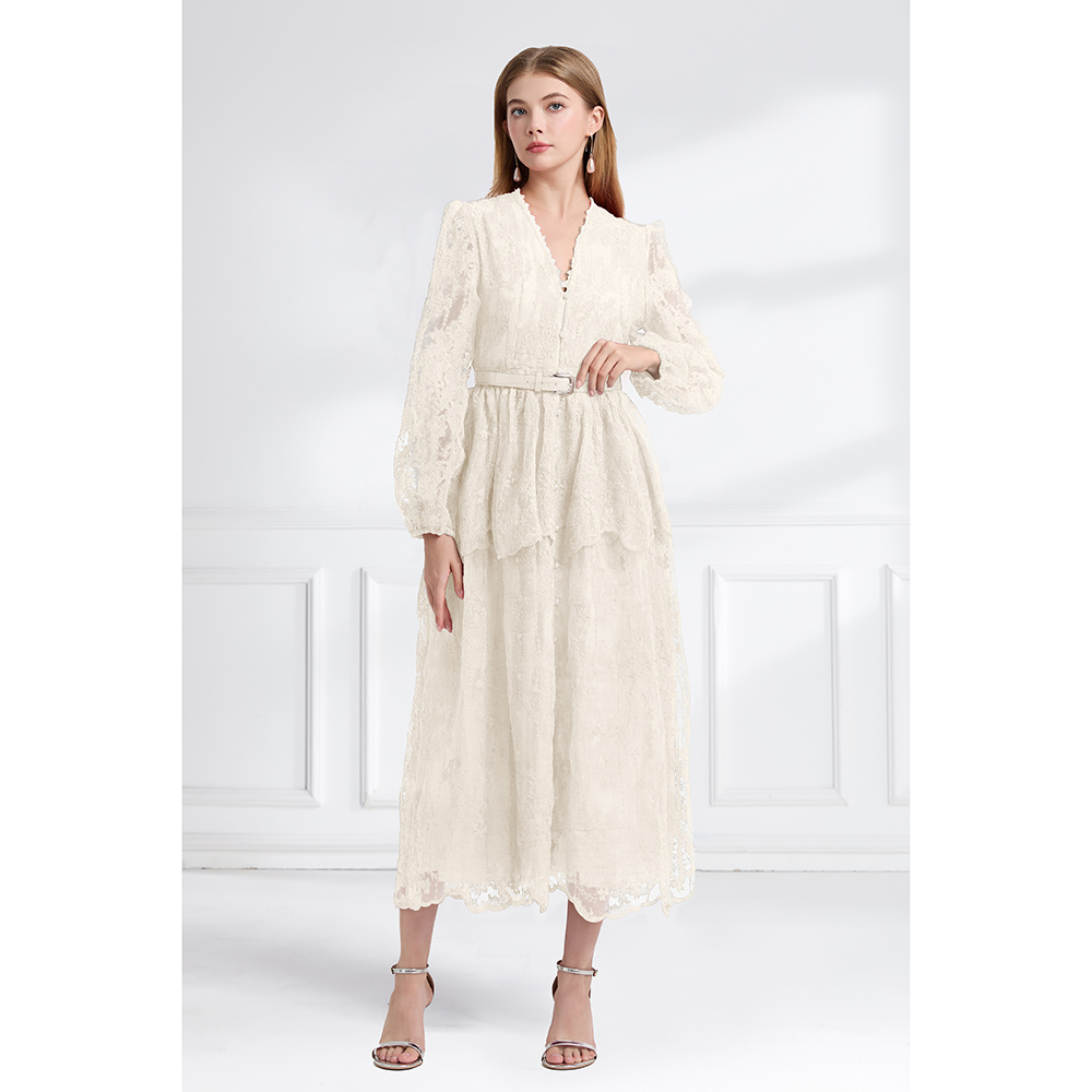 Cake lace V-neck long autumn double pinched waist dress