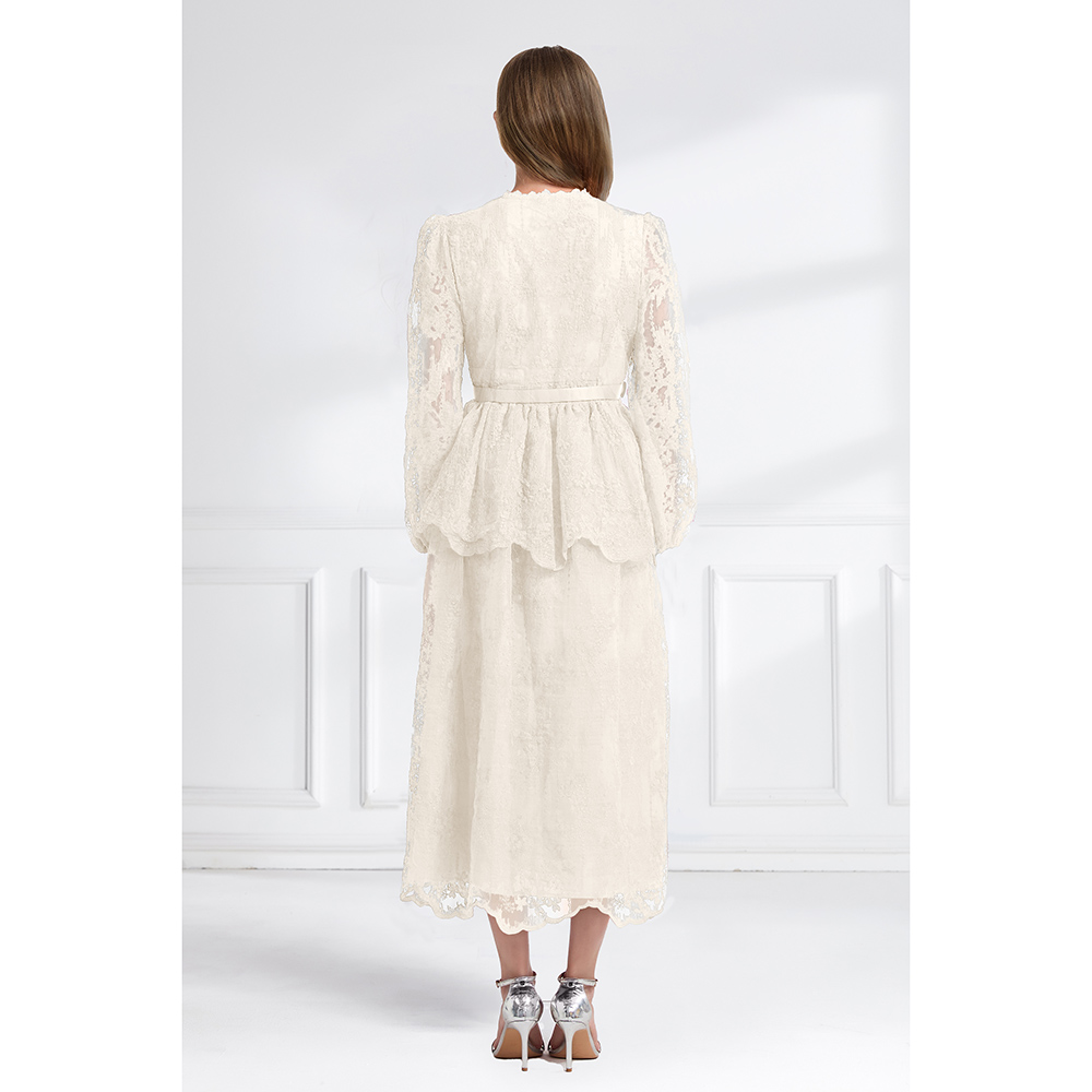 Cake lace V-neck long autumn double pinched waist dress