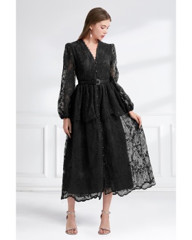 Autumn pinched waist V-neck cake double long lace dress