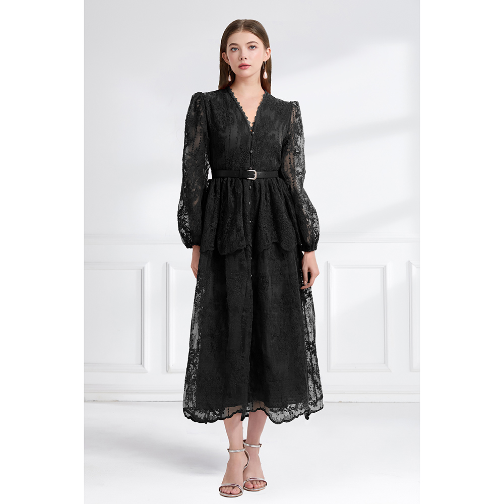 Autumn pinched waist V-neck cake double long lace dress