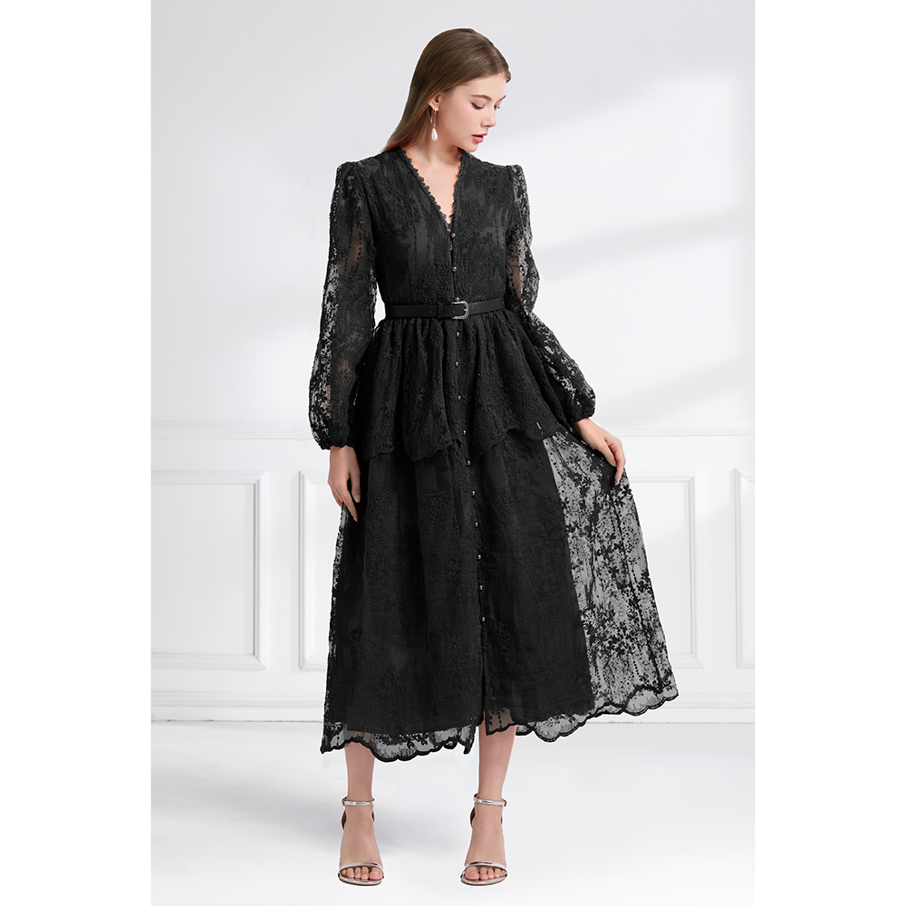 Autumn pinched waist V-neck cake double long lace dress